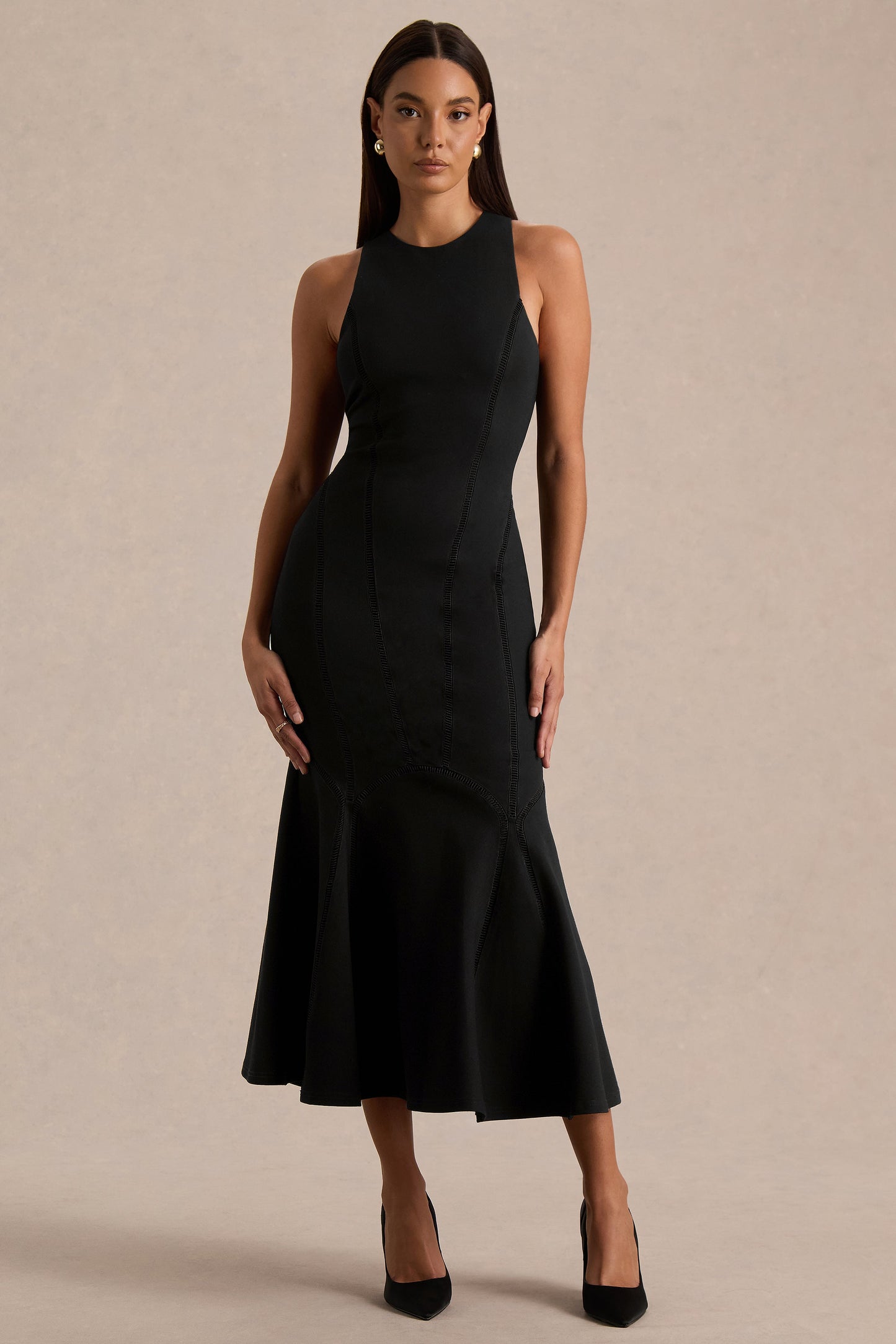 Sally | Black Crew-Neck Midi Dress With Drop Waist