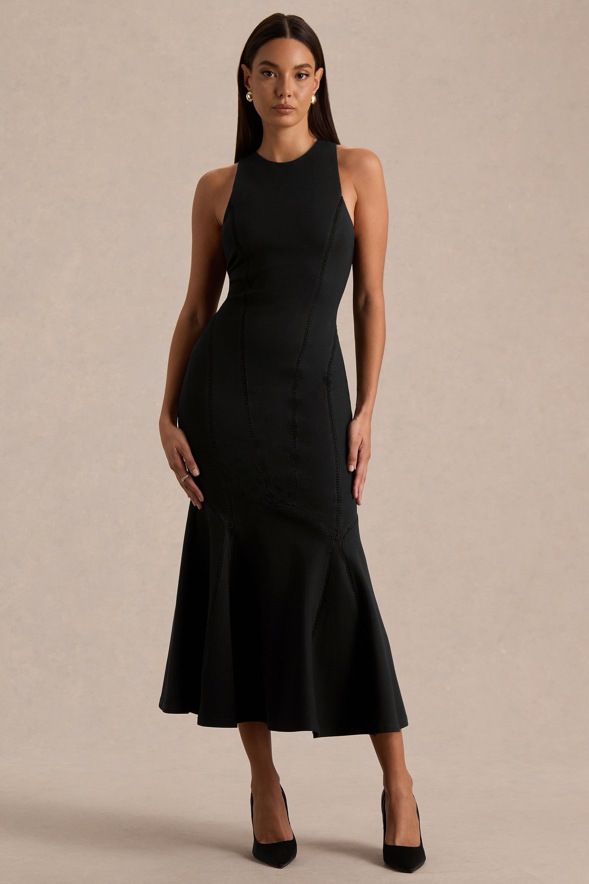 Sally | Black Crew-Neck Midi Dress With Drop Waist