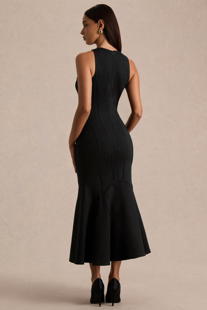 Sally | Black Crew-Neck Midi Dress With Drop Waist