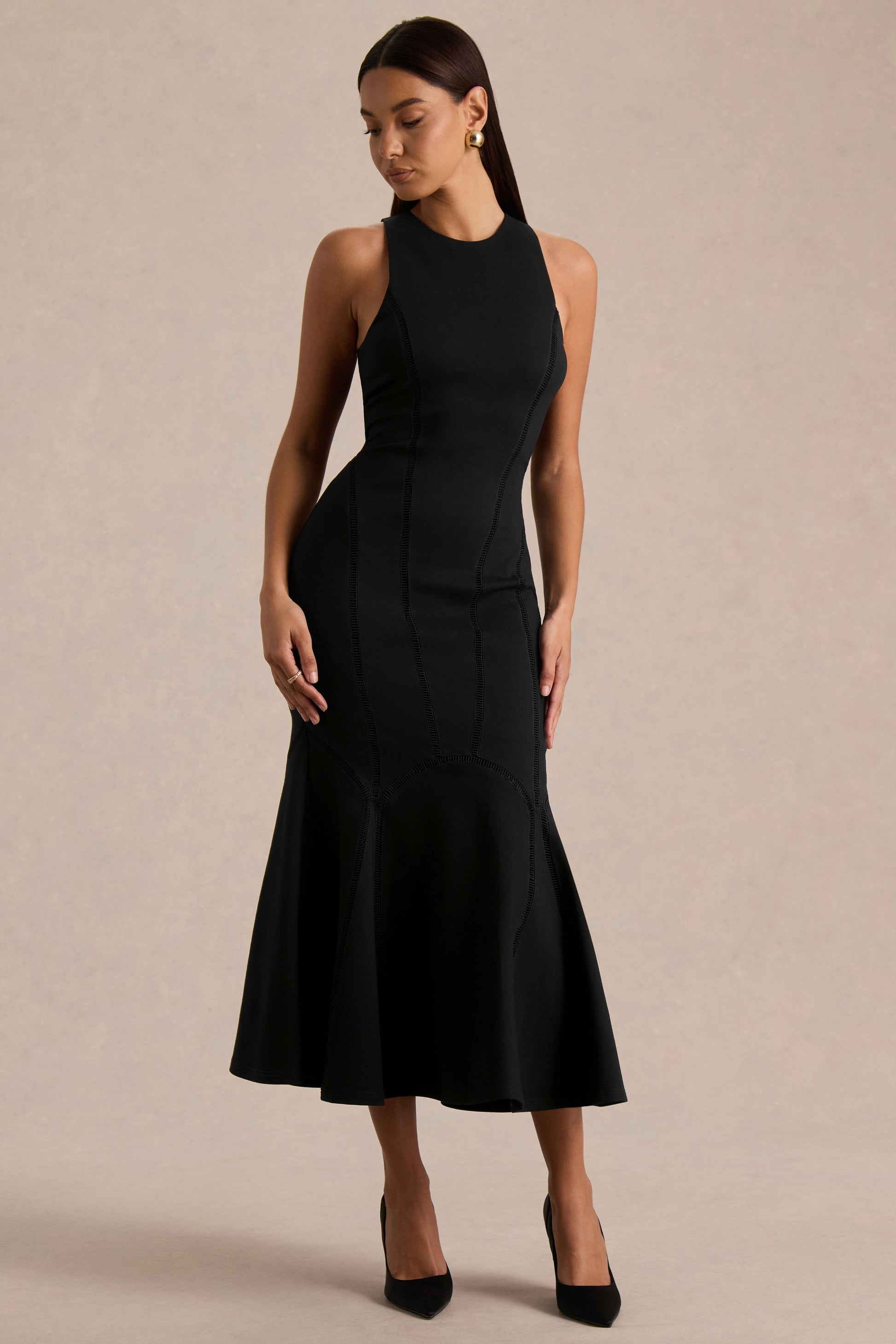 Sally | Black Crew-Neck Midi Dress With Drop Waist