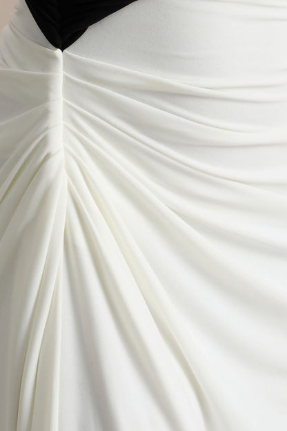 Malika | Black And White Asymmetric-Neck Maxi Dress With Body-Cut Out And Gathered Detailing