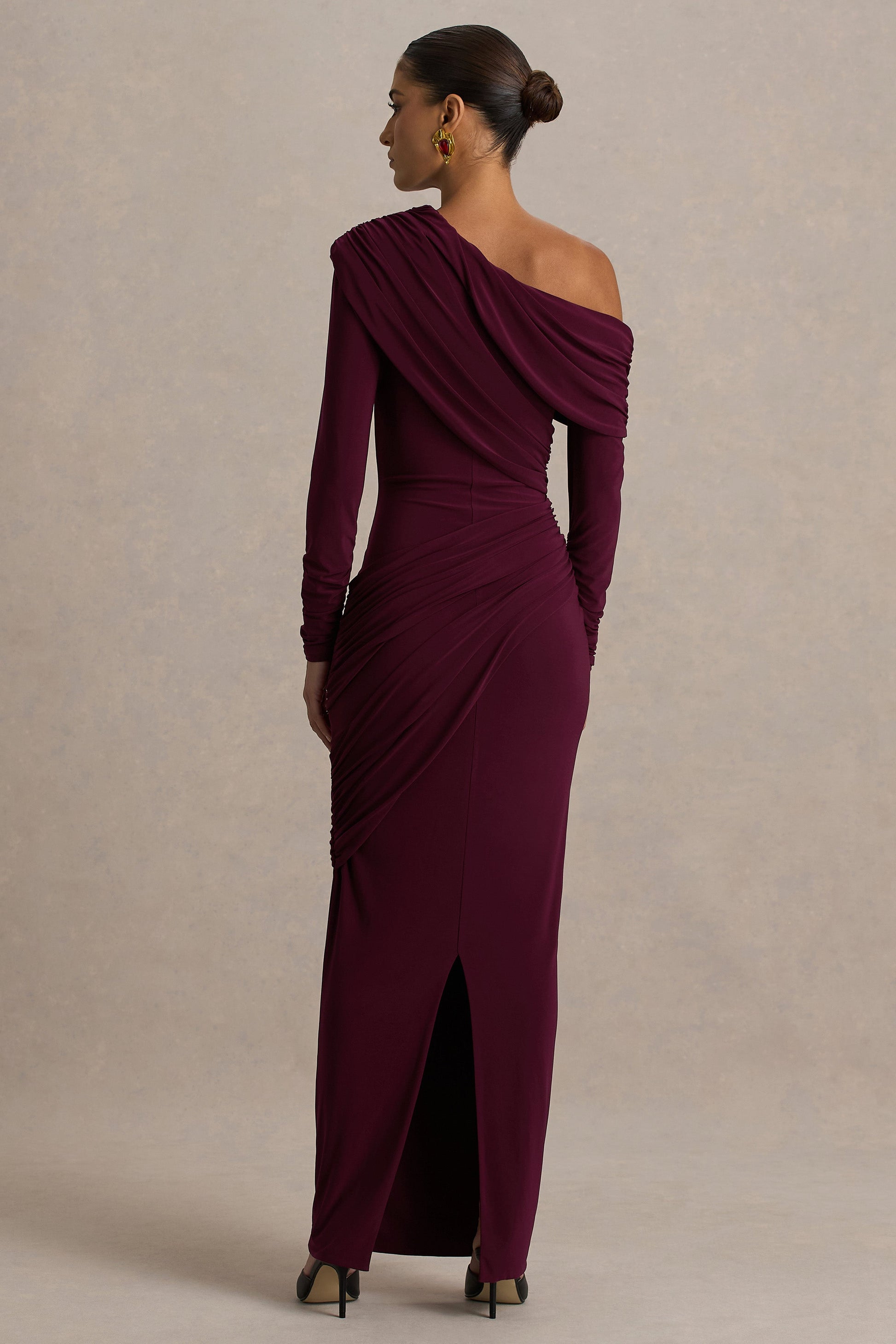 Perrie | Burgundy Asymmetric-Neck Maxi Dress With Ruched Detailing
