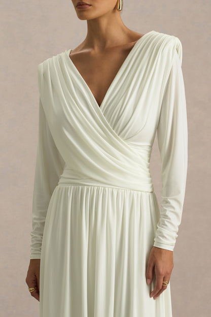 Alexis | Cream Plunge-Neck Midi Dress With Draped And Ruched Detailing