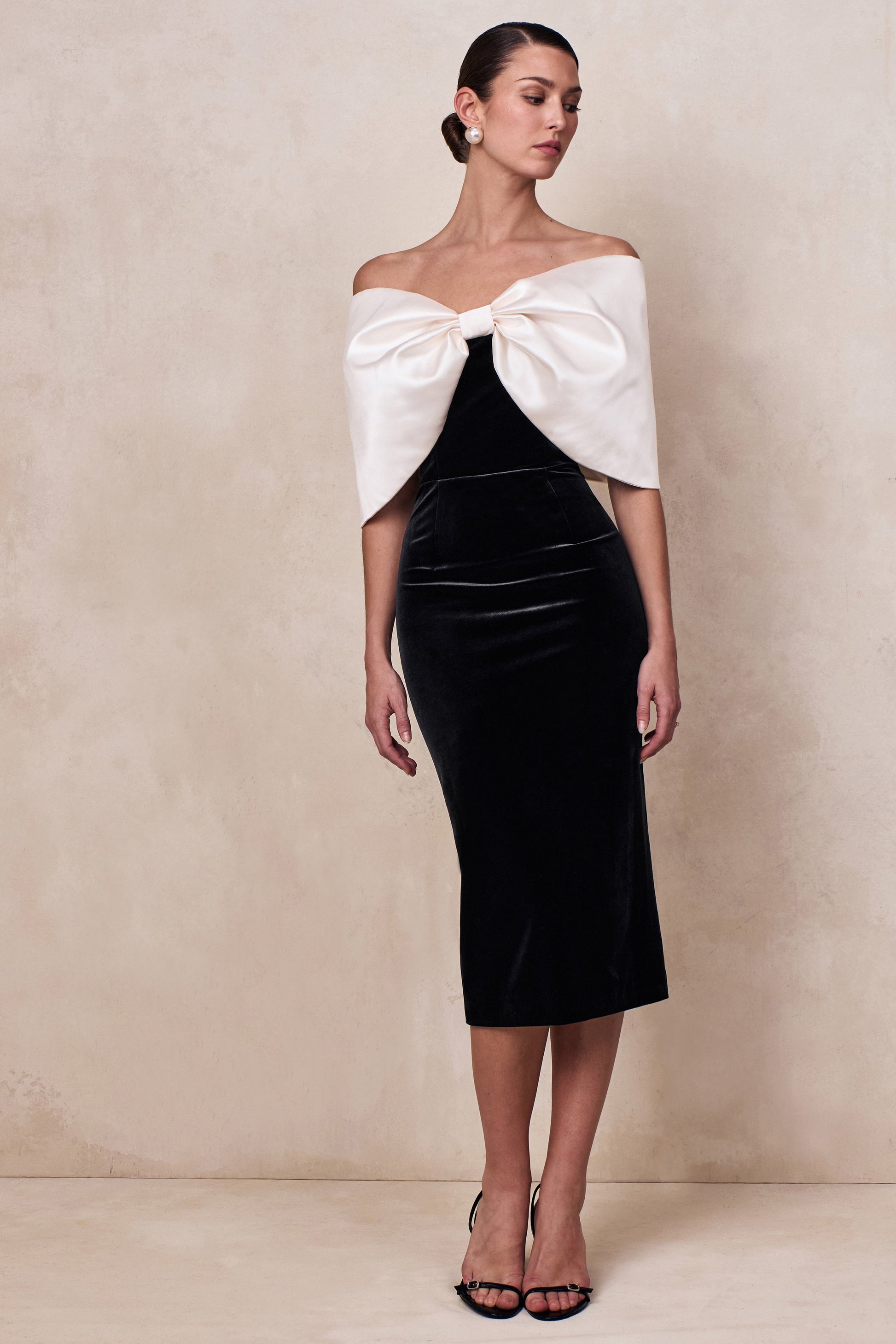Twilight | Black And White Velvet Bardot-Neck Midi Dress With Oversized Satin Bow