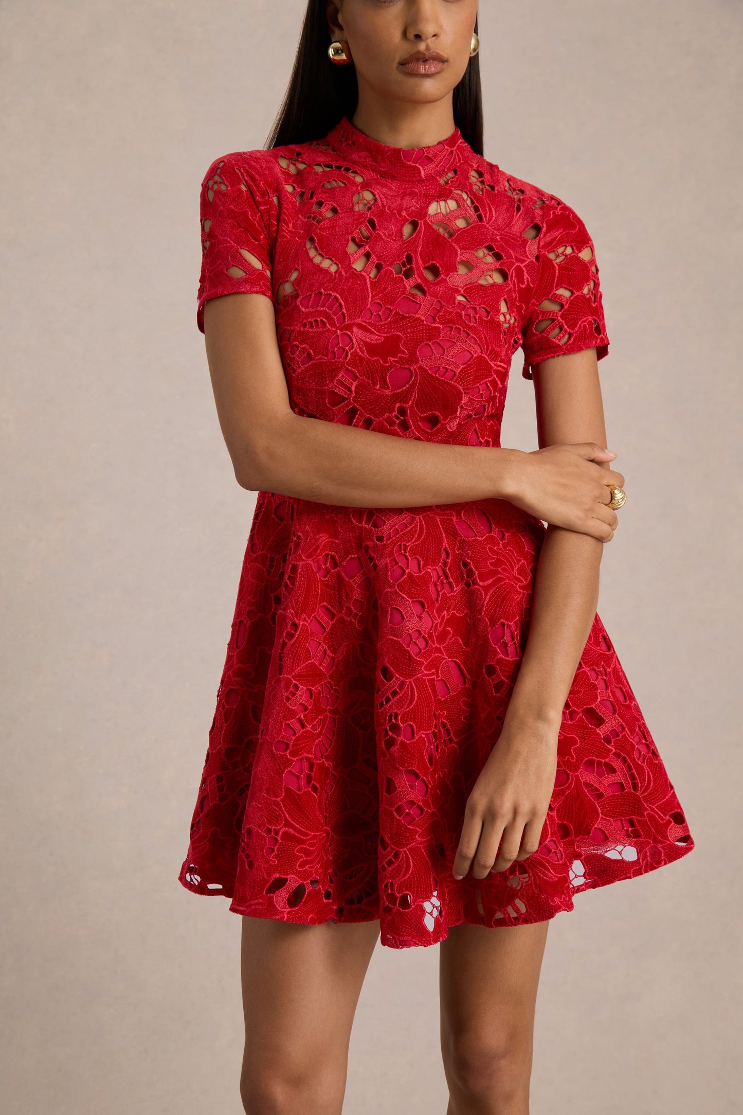 Roam | Red Lace High-Neck Mini Dress