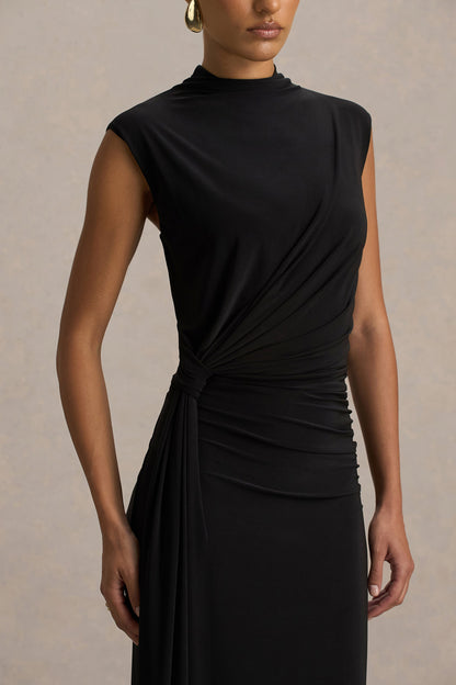 Solene | Black High-Neck Maxi Dress With Wrap And Drape Detail