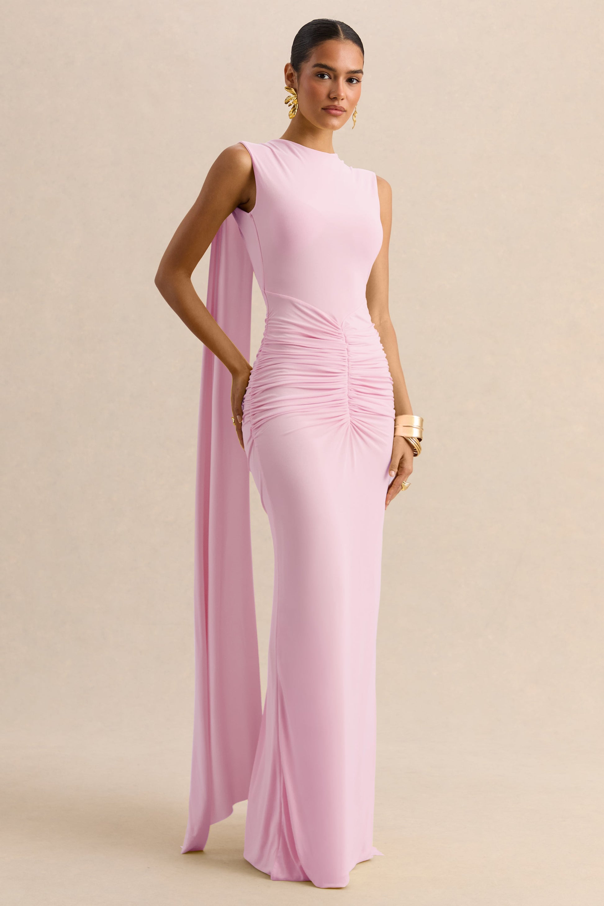 Premiere | Light Pink Boat-Neck Maxi Dress With Cape-Sleeves And Open-Back