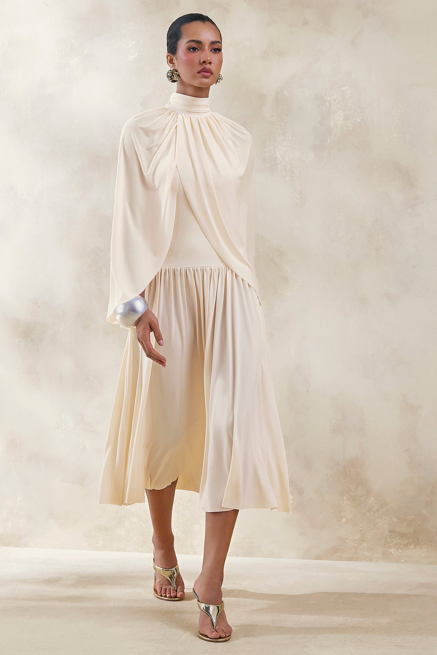 Honora | Cream High-Neck Midi Dress With Cape-Sleeves