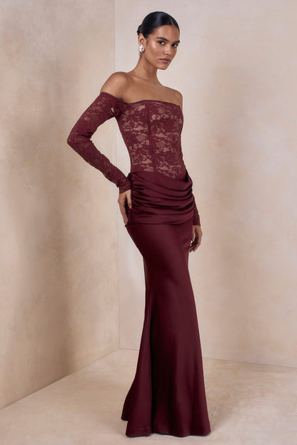 Rinna | Burgundy Lace Bardot-Neck Maxi Dress