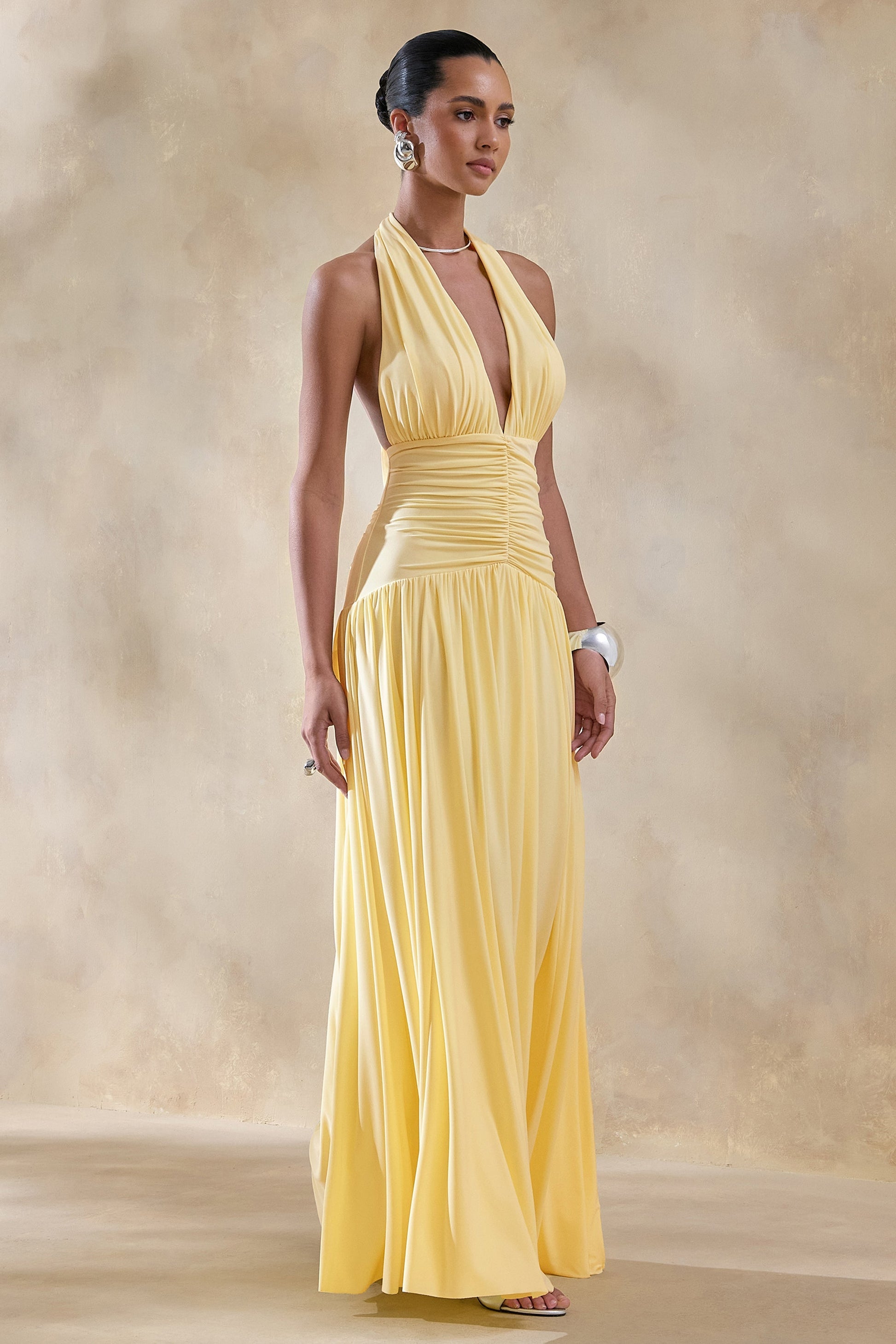 Bettina | Lemon Plunge-Neck Maxi Dress With Gathered-Detailing