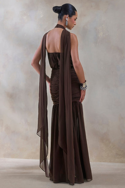 Veronique | Brown Halter-Neck Maxi Dress