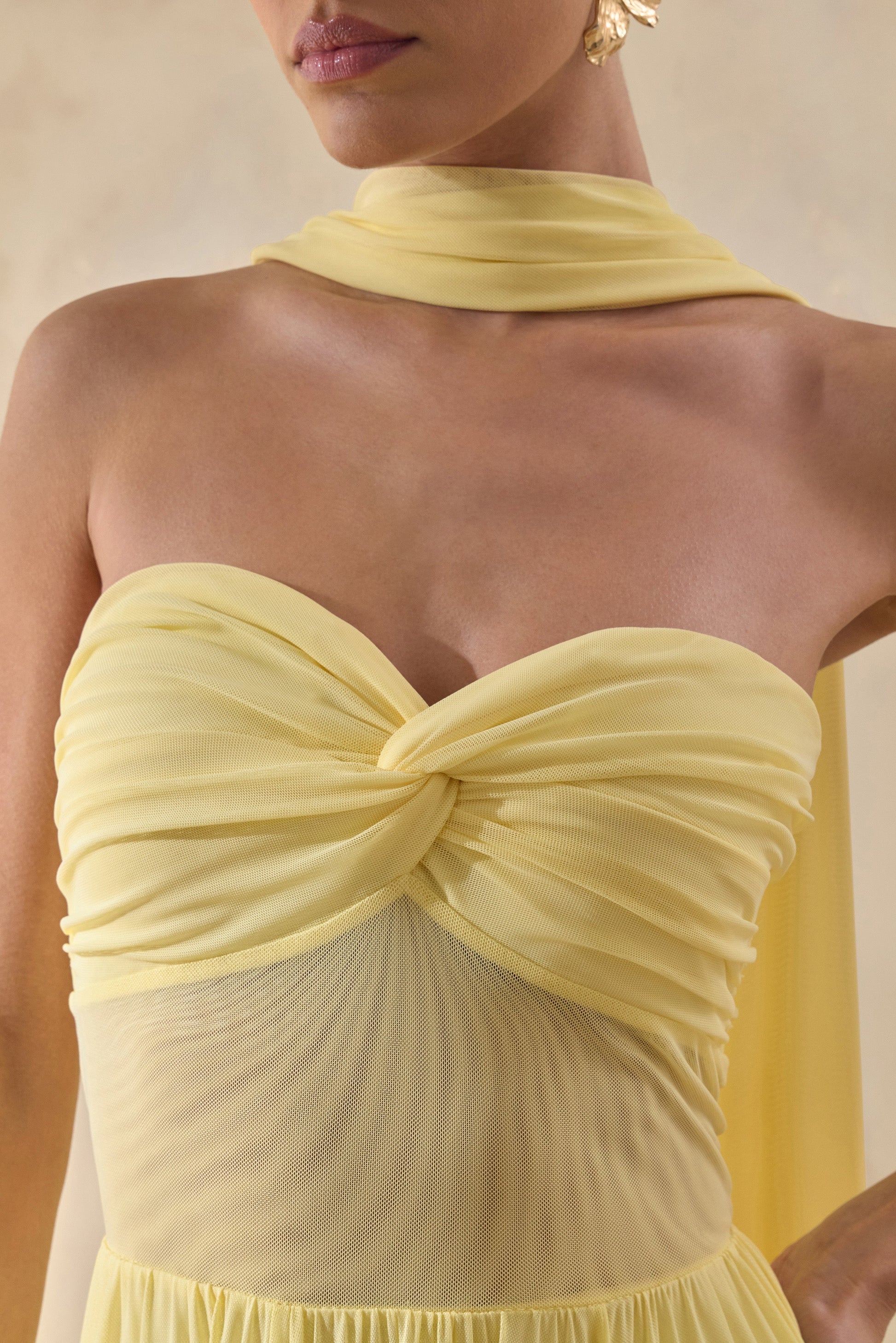 Lyvoria | Lemon Bandeau Maxi Dress With Mesh-Detail And Scarf