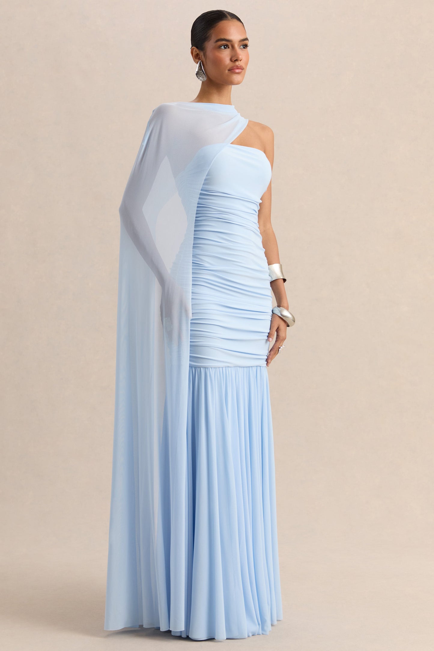 Ivanka | Powder Blue Asymmetric-Neck Maxi Dress With Cape Sleeve