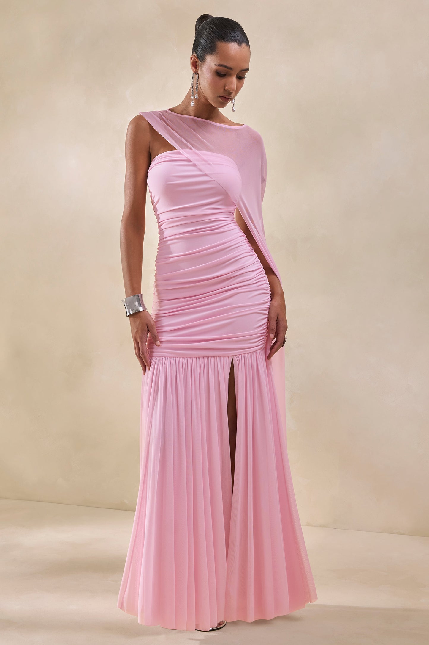 Ivanka | Pink Asymmetric-Neck Maxi Dress With Cape Sleeve