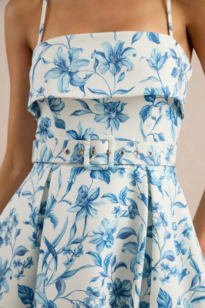 Devina | Blue Porcelain Print Square-Neck Belted Midi-Dress
