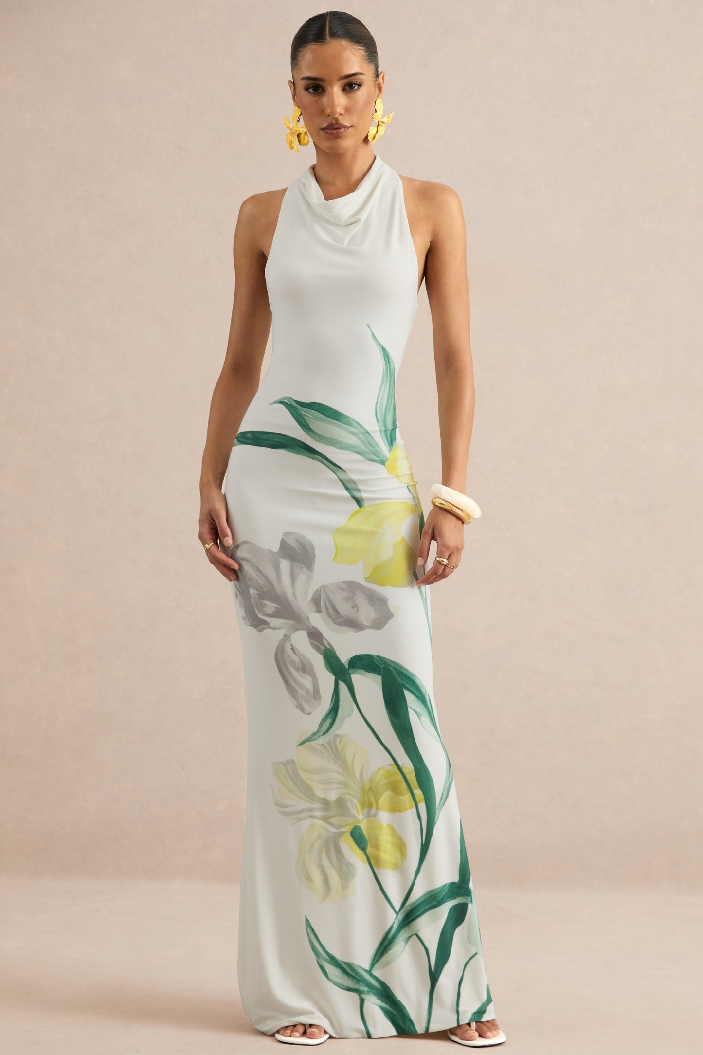Wilber | Lemon Floral Print High-Neck Maxi Dress