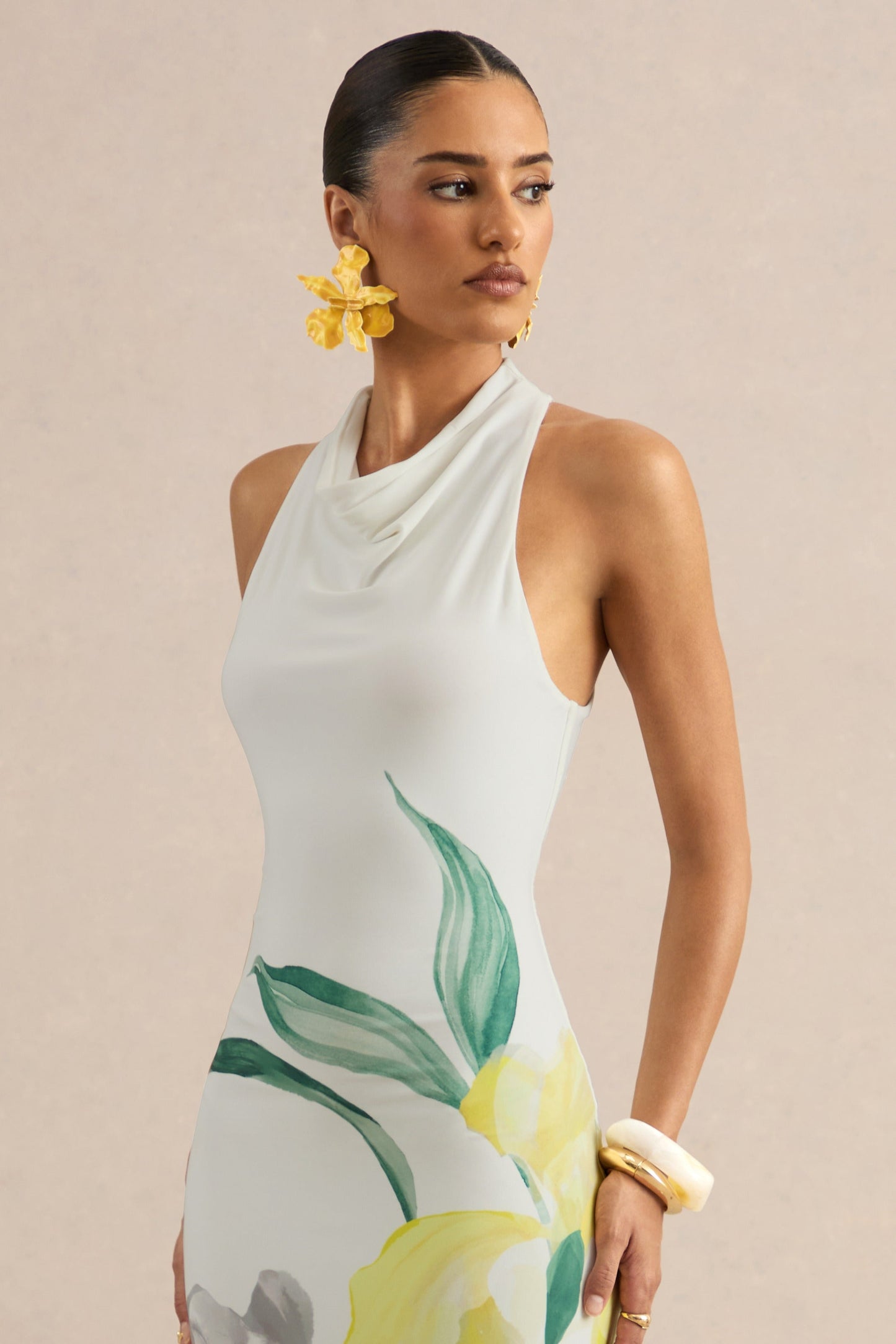 Wilber | Lemon Floral Print High-Neck Maxi Dress