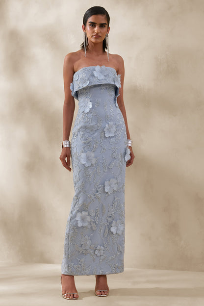Misha | Light Blue 3D Floral Bandeau Maxi Dress