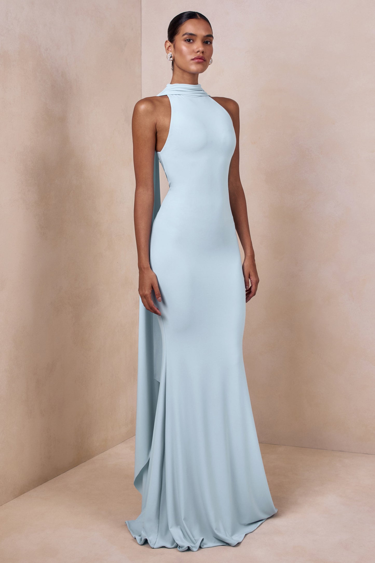 Cordy | Powder Blue High-Neck Maxi Dress With Cape
