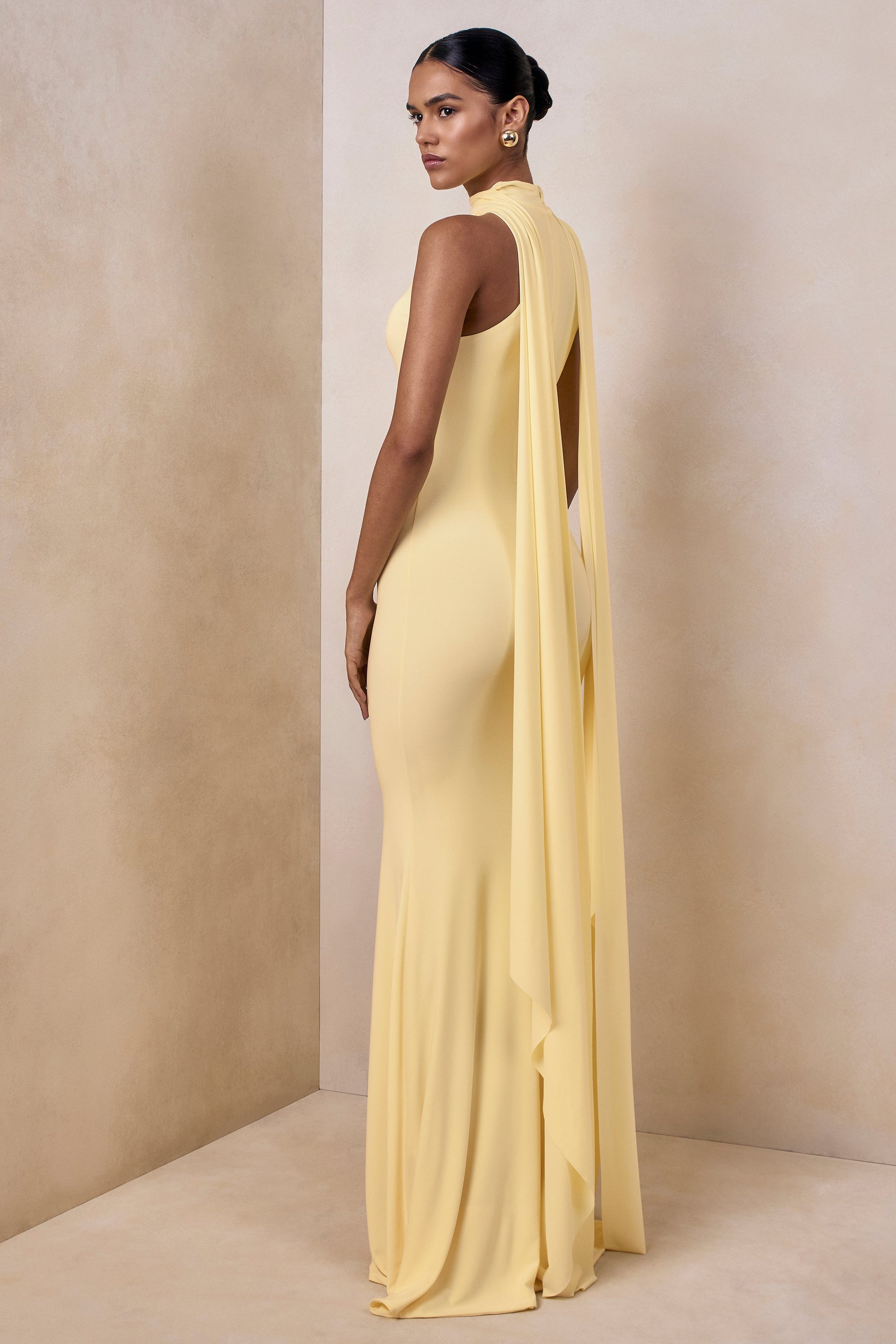 Cordy | Lemon High-Neck Maxi Dress With Cape