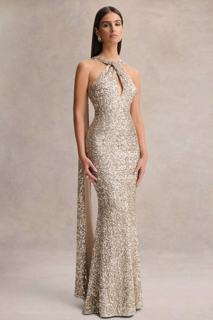 Renelle | Gold Sequin Halter-Neck Maxi Dress
