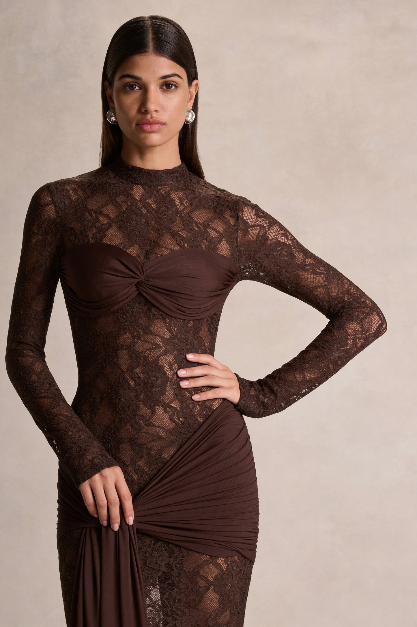Akira | Brown Lace Maxi Dress With Sash-Detail