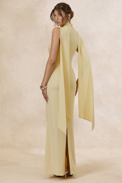 True Icon | Lemon Satin High-Neck Maxi Slip Dress With Sash