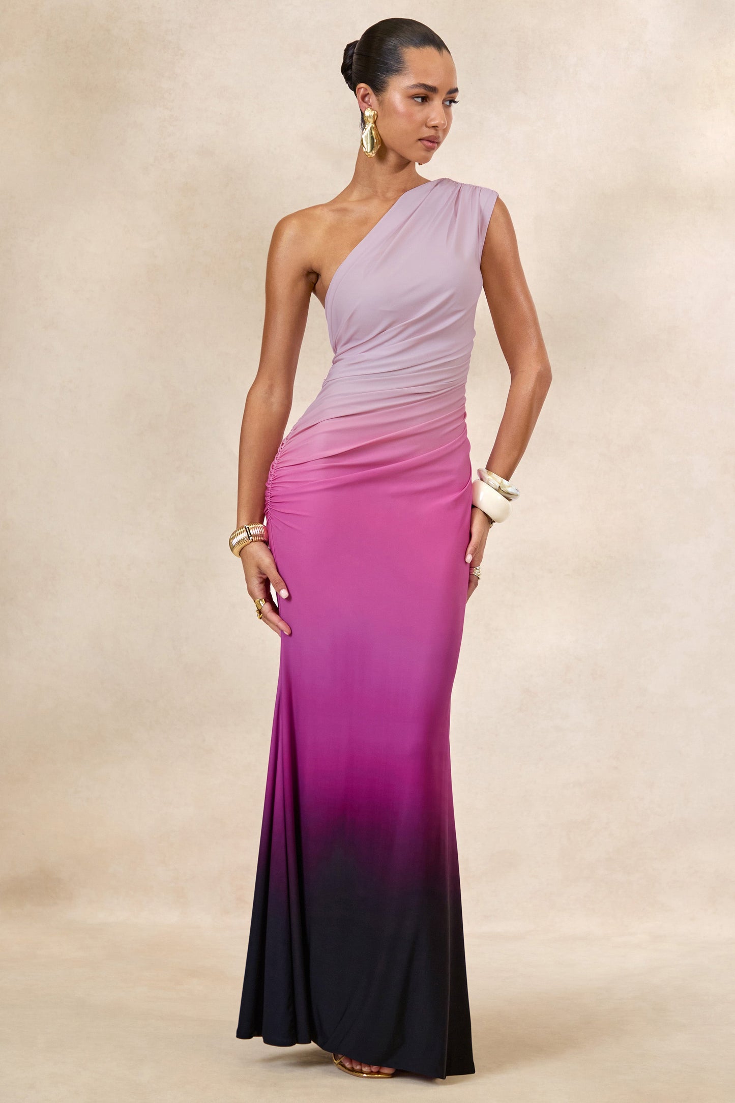 Lauretta | Pink Ombre Asymmetric Maxi Dress With Ruching