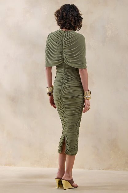 Parisia | Olive Round-Neck Midi Dress With Cape-Detail