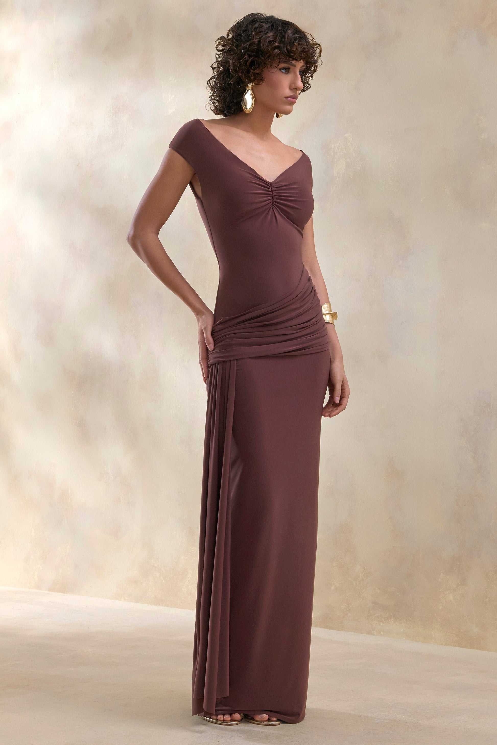 Petronia | Brown V-Neck Maxi Dress With Wrap-Detail
