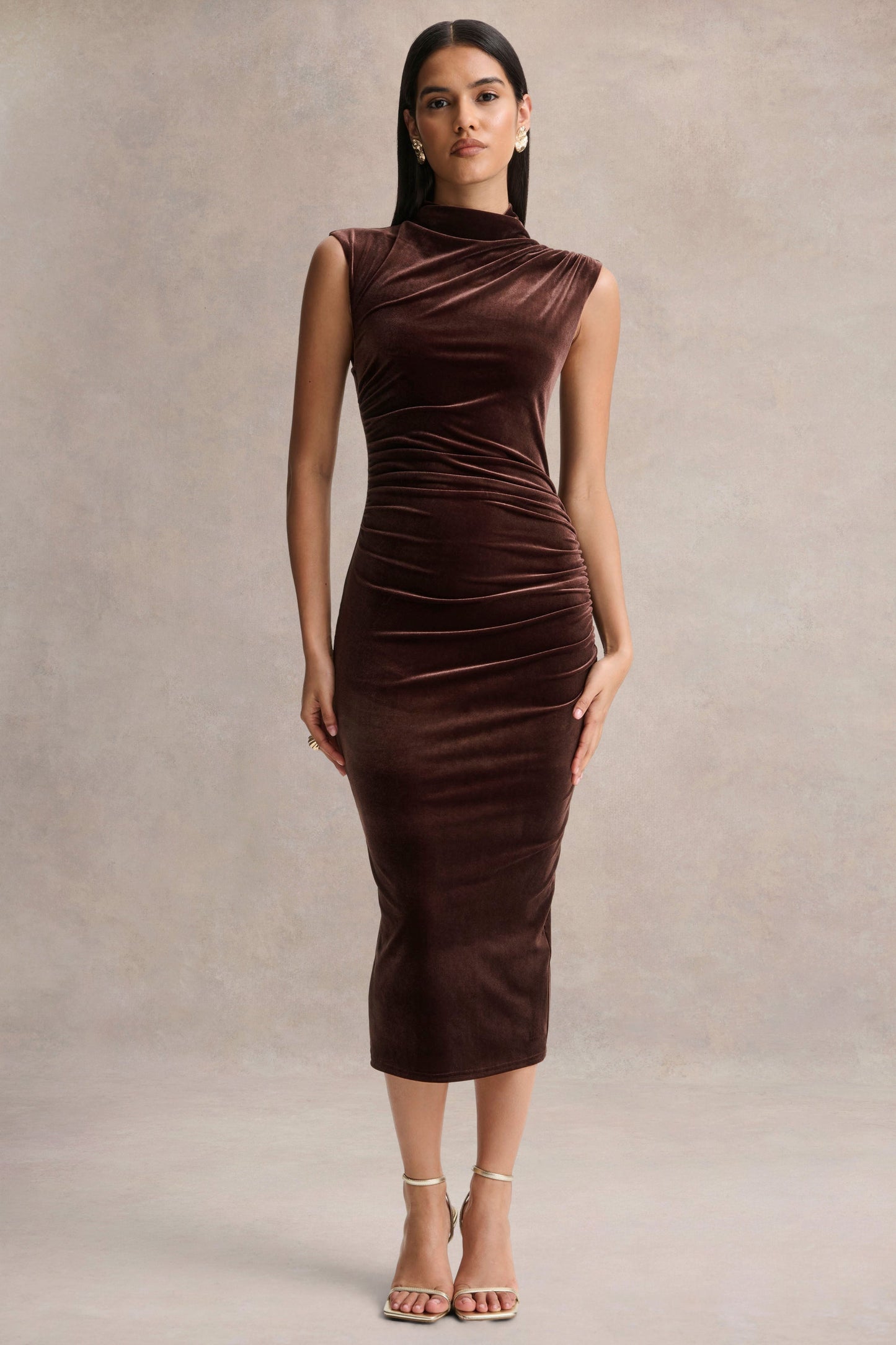 Novine | Brown Velvet High-Neck Midi Dress