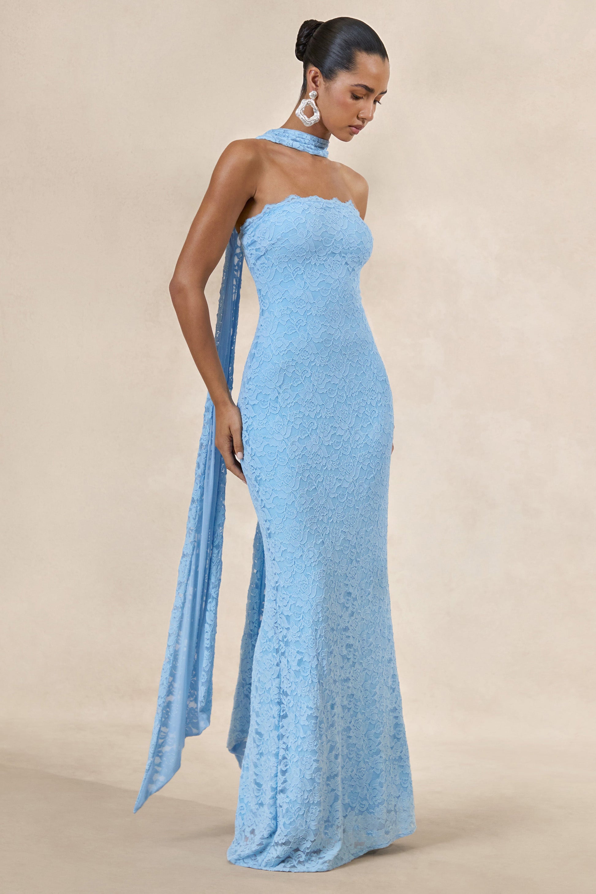 Massima | Light Blue Lace Bandeau Maxi Dress With Scarf-Detail