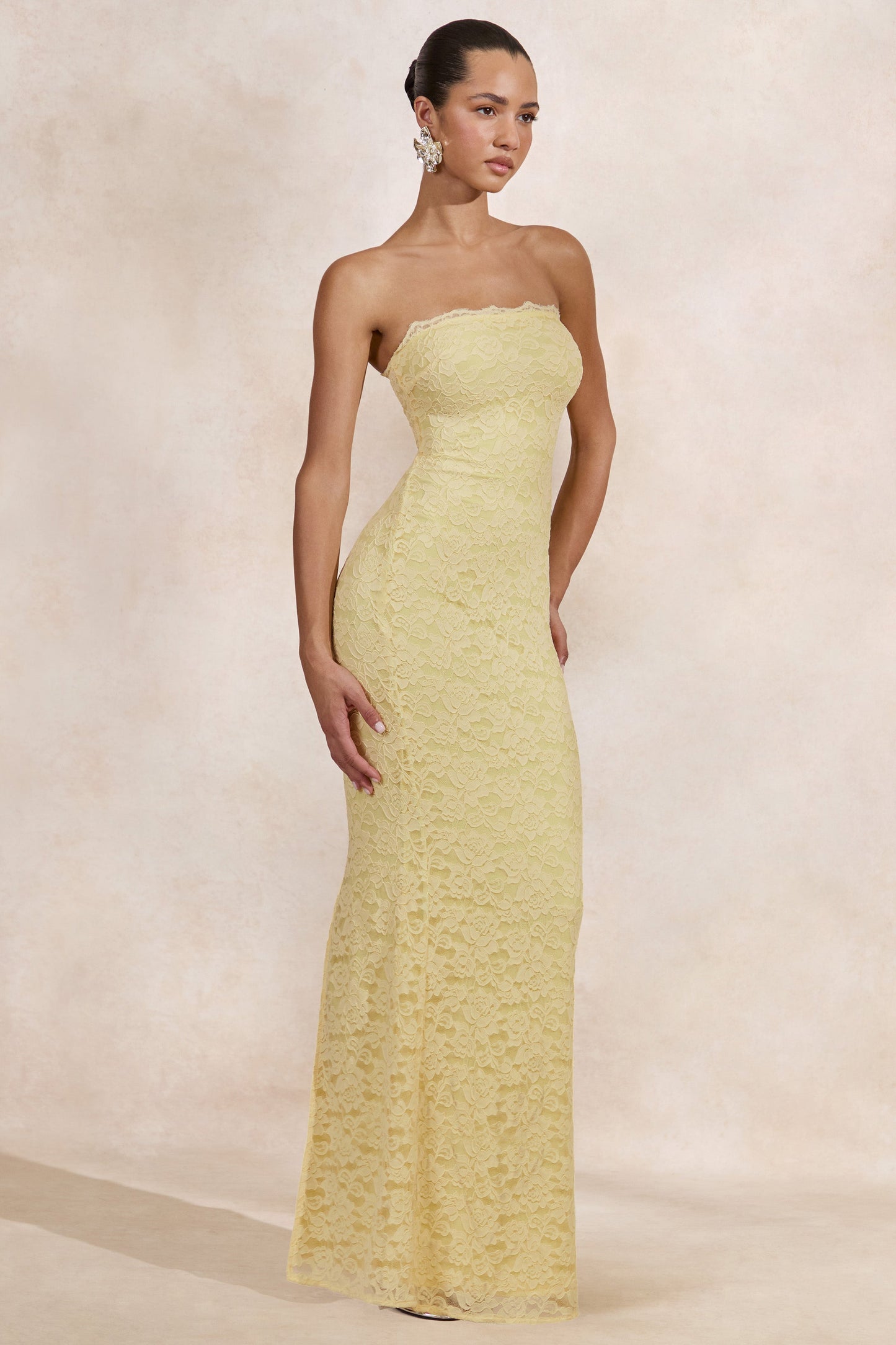 Massima | Lemon Lace Bandeau Maxi Dress With Scarf-Detail