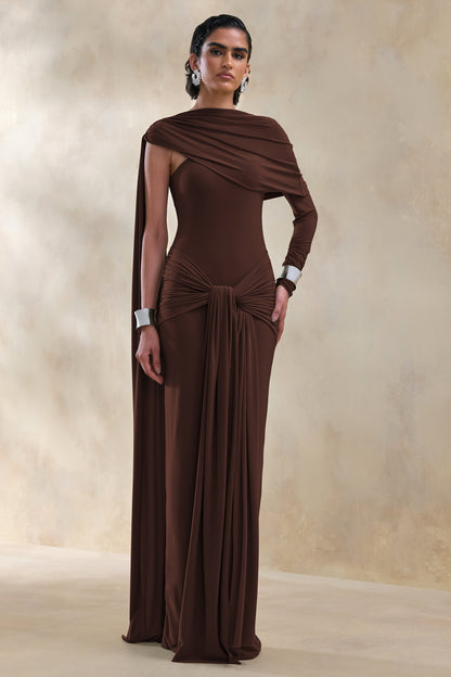 Trisara | Brown Asymmetric-Neck Maxi Dress With Gathered-Detailing And Sash