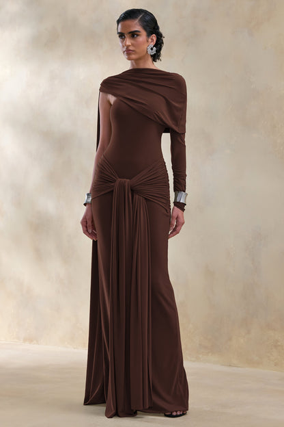 Trisara | Brown Asymmetric-Neck Maxi Dress With Gathered-Detailing And Sash