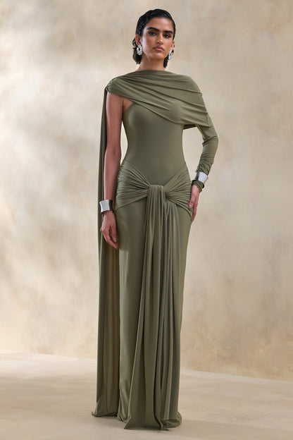 Trisara | Olive Asymmetric-Neck Maxi Dress With Gathered-Detailing And Sash