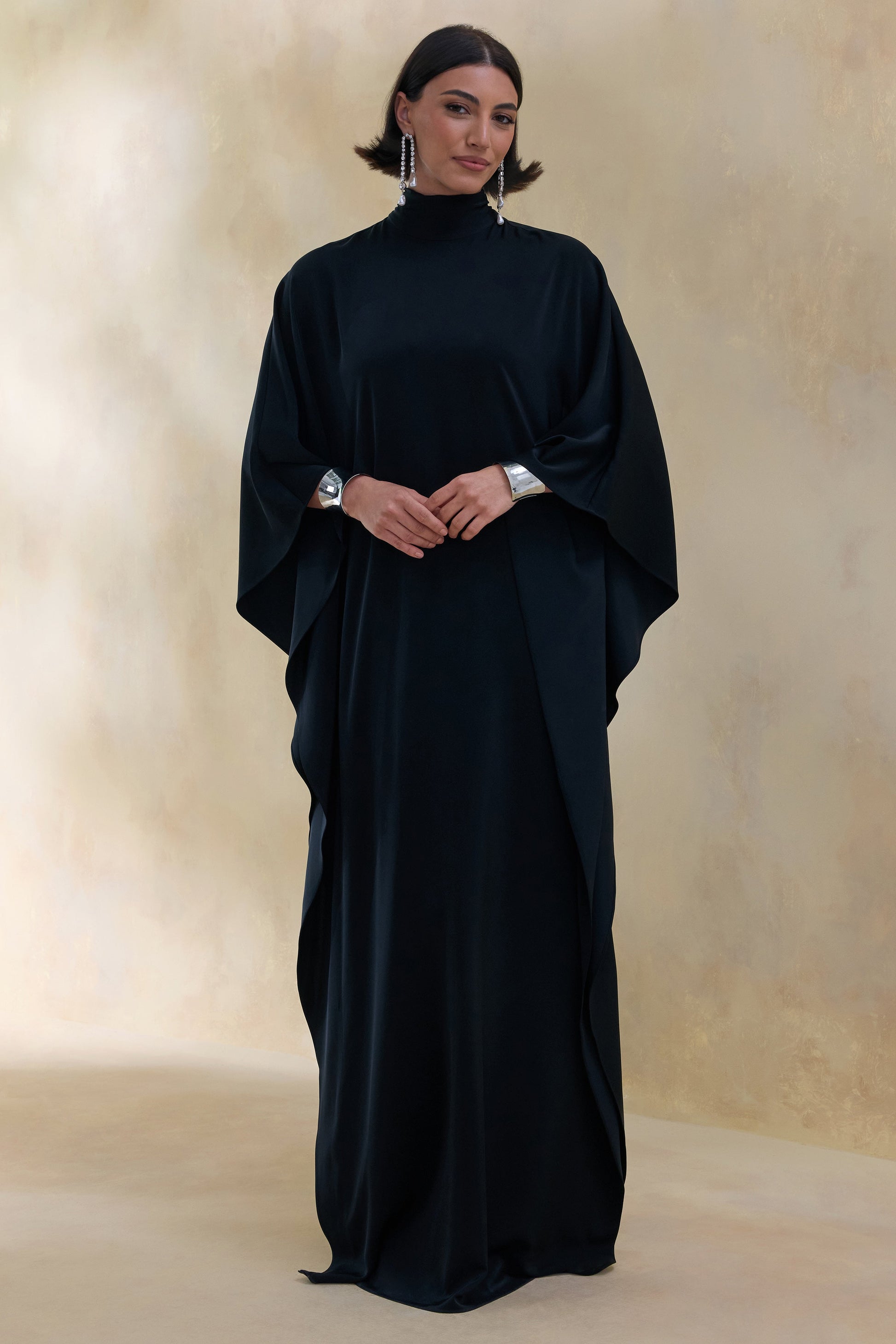 Lumisette | Black Satin High-Neck Maxi Dress With Cape