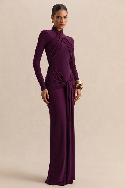 Linessa | Dark Plum High-Neck Maxi Dress With Sash And Gathered-Detailing