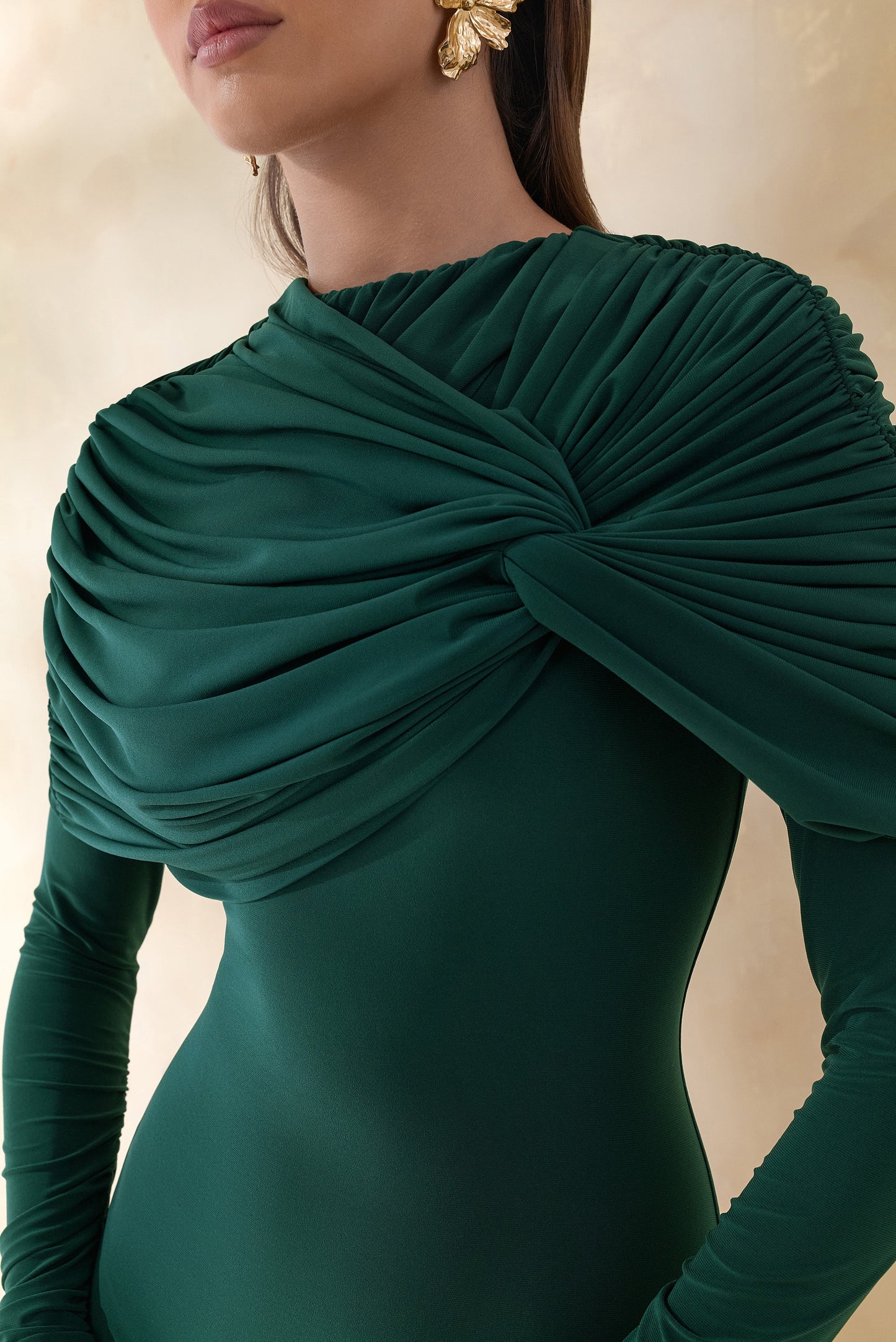 Evessa | Dark Green High-Neck Maxi Dress With Gathered-Detailing