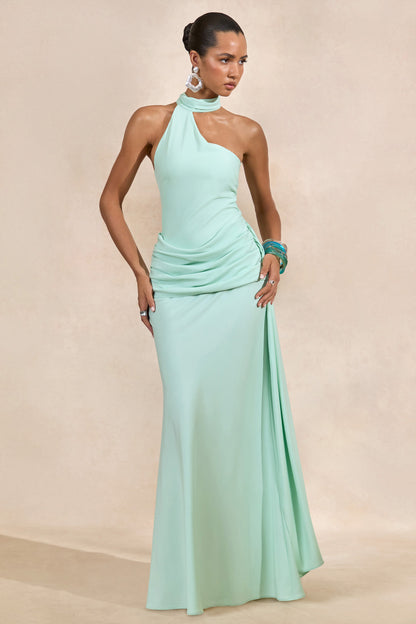 Aevina | Mint Satin Asymmetric-Neck Maxi Dress With Scarf-Detail