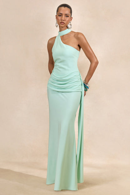 Aevina | Mint Satin Asymmetric-Neck Maxi Dress With Scarf-Detail