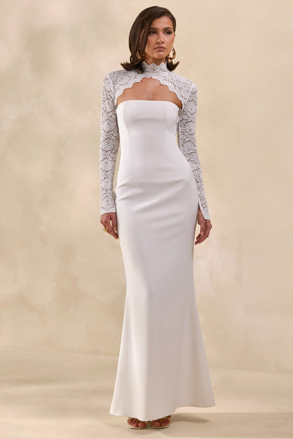 Yarrow | White Lace High-Neck Maxi-Dress With Open-Back