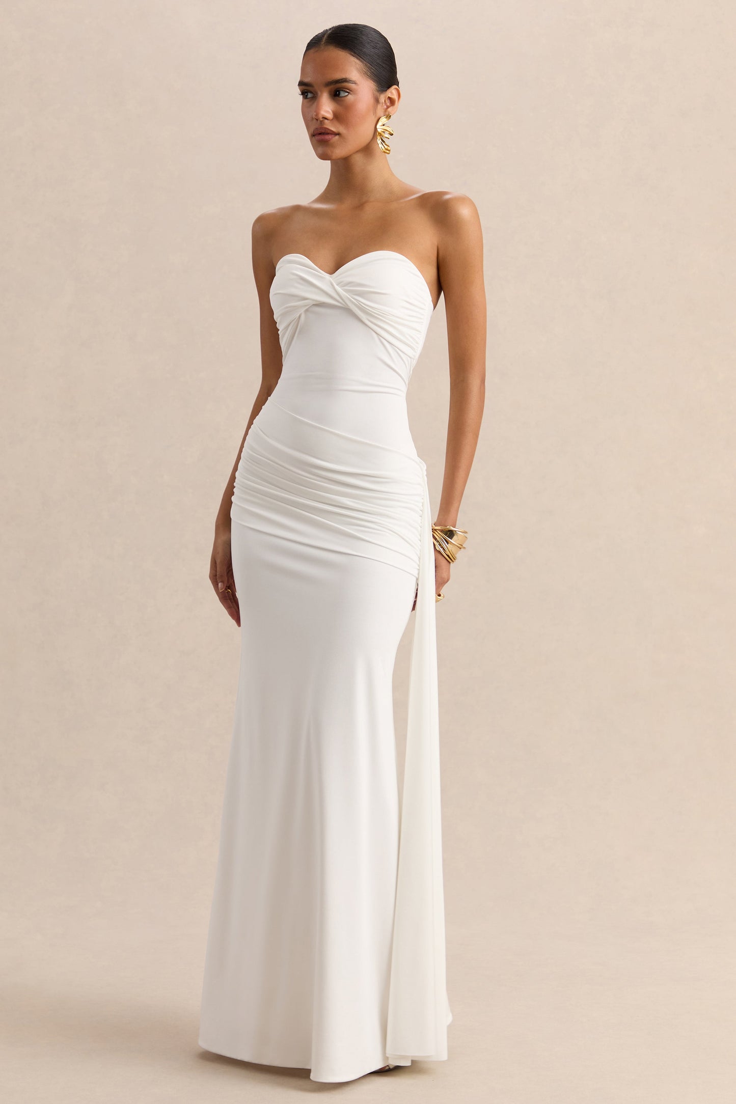 Liramine | White Bandeau Maxi-Dress With Gathered-Detailing And Sash