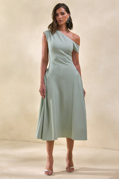 Celosia | Sage Asymmetric-Neck Midi Dress With Silver Detailing