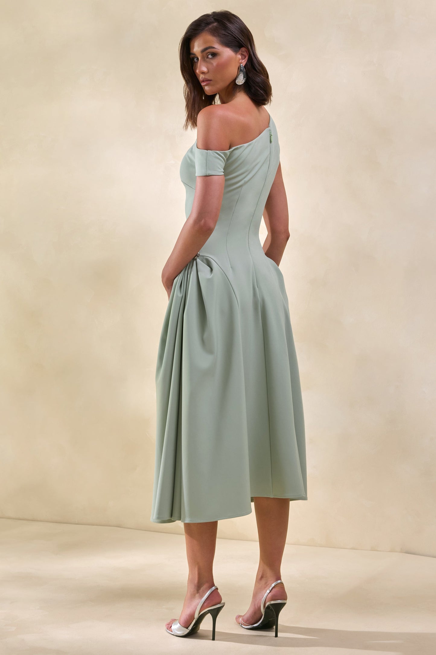 Celosia | Sage Asymmetric-Neck Midi Dress With Silver Detailing