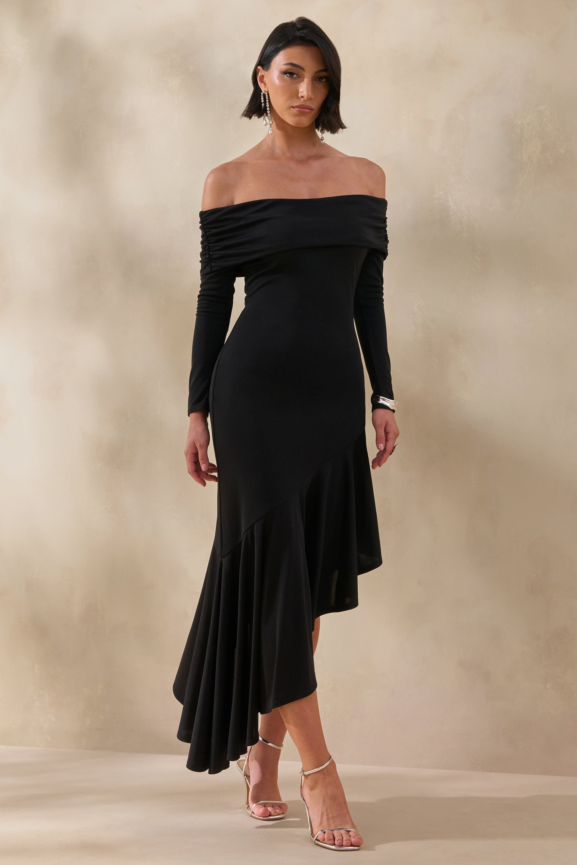 Goldara | Black Bardot-Neck Maxi Dress With Ruffled Asymmetric-Hem