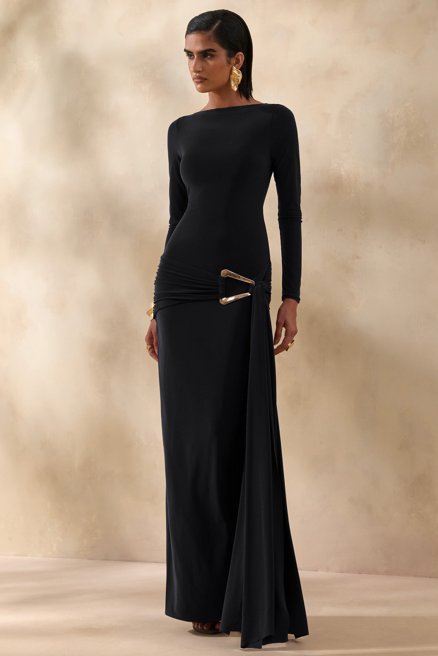 Astrielle | Black Wide-Neck With Gold-Detail And Sash