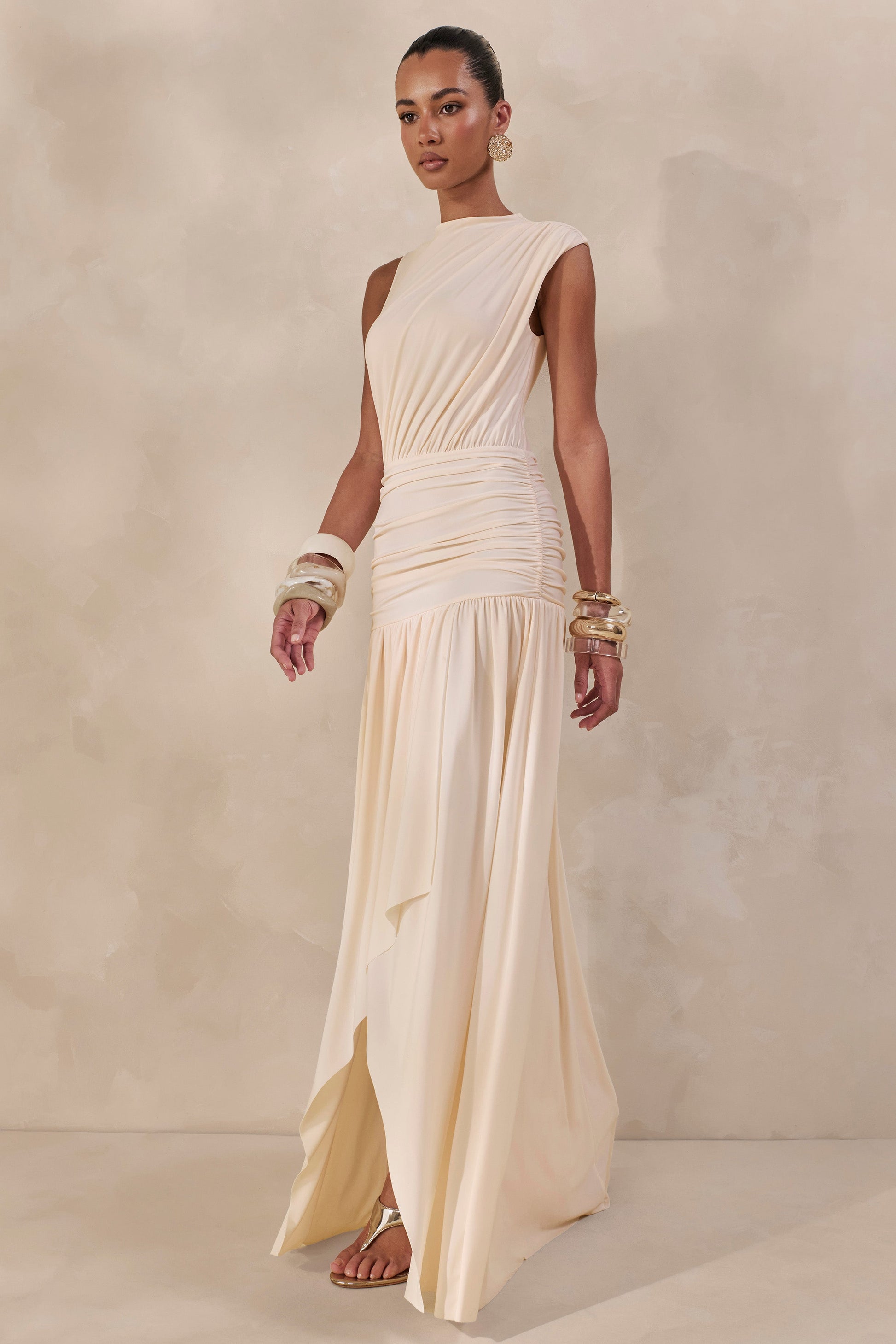 Myssara | Cream High-Neck Maxi Dress Gathered-Detailing