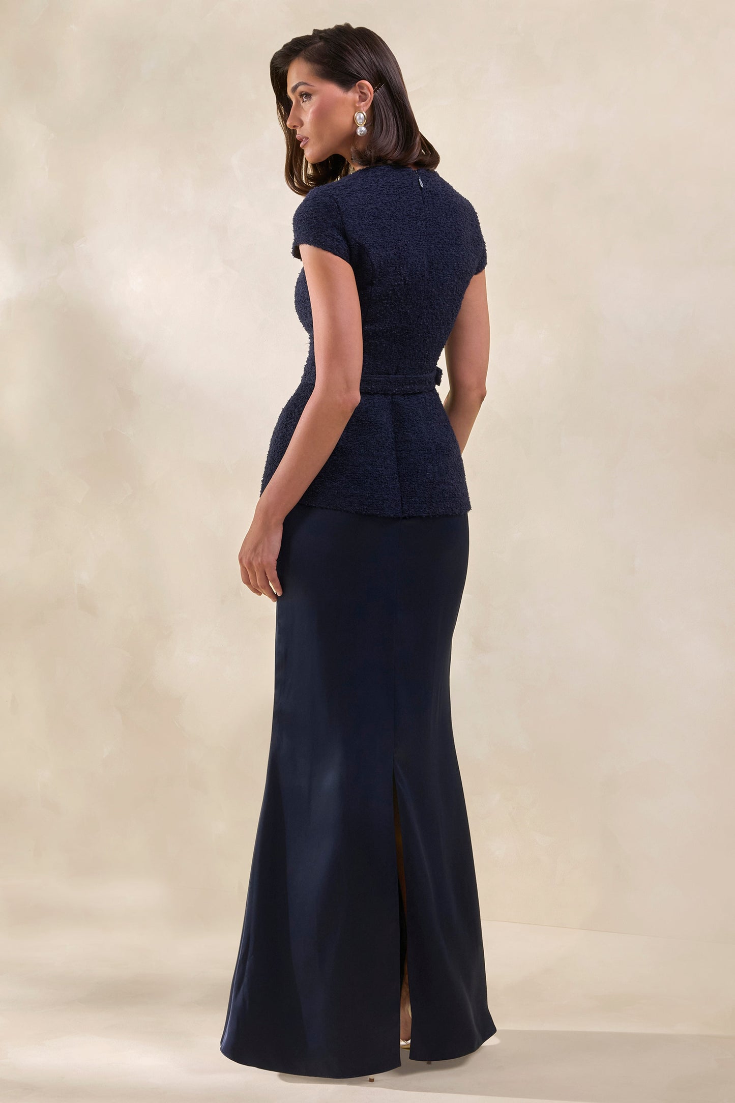 Whispera | Navy Crew-Neck Maxi Dress With Satin Skirt And Pocket-Details