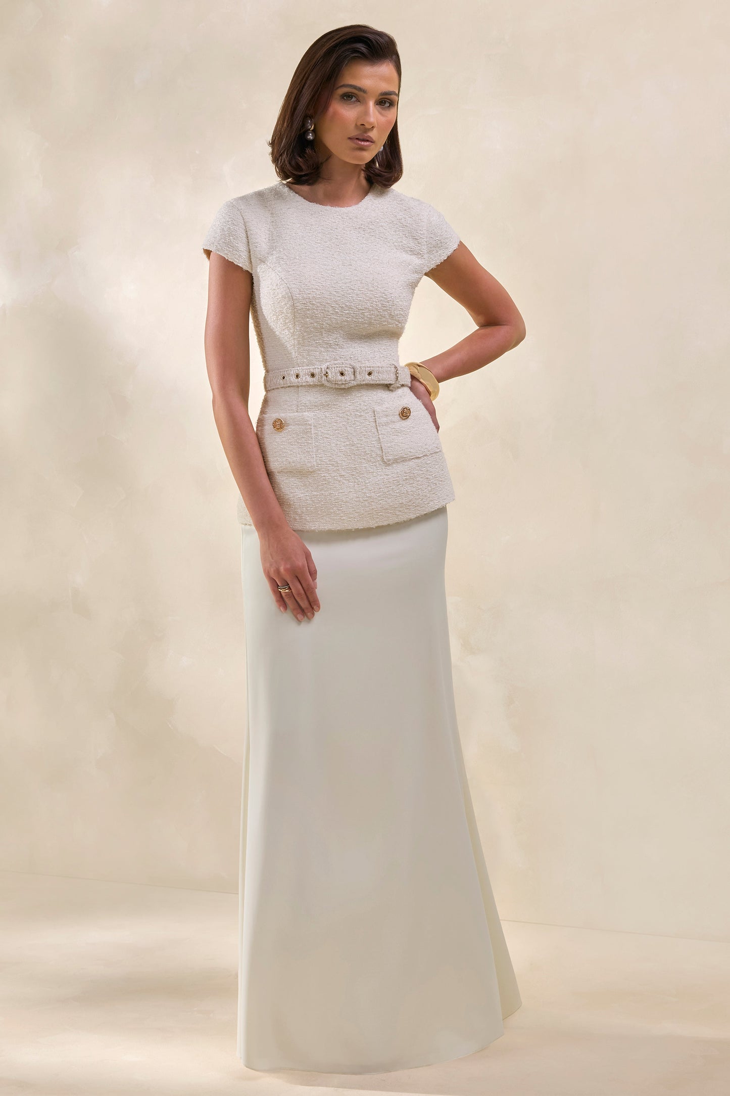 Whispera | Cream Crew-Neck Maxi Dress With Satin Skirt And Pocket-Details